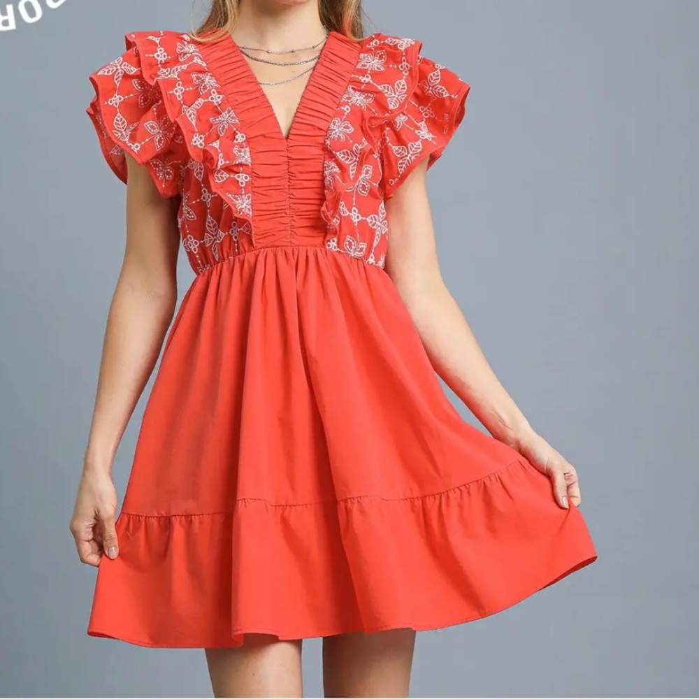 Umgee Red Ruffled V-Neck Embroidered Mini Dress